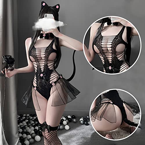 Dessous-Sets FüR Damen Räumungsverkauf! Sexy Damen Dessous Katze Cosplay hohl Babydoll Unterwäsche Schwanz Glocke Stirnband Schlafanzug Jumpsuit Anzug – Bild 3
