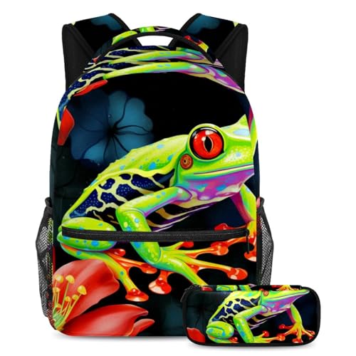 Sac à dos grenouille verte 35cm avec trousse pour écoliers et adolescents voyageant
