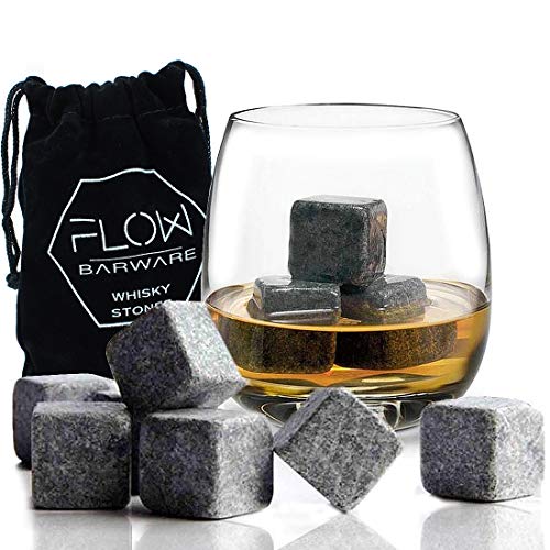 12 X Whiskey Stones Chilling Rocks Reusable Granite Ice Cube Stones - Drinks Cooler Cubes for Whisky Scotch, Bourbon Whiskey Stones Gift Set by Flow Barware