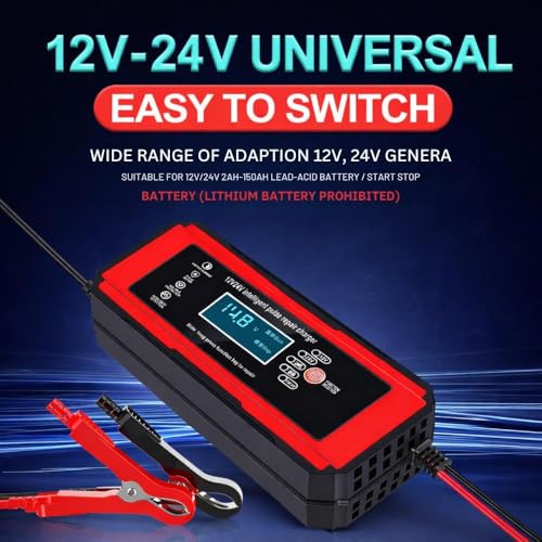 Image of Ash & Roh 12V /24V 10A Smart Battery Charger for Car & Bike - Automatic Lead Acid Charger with Digital Display, AGM & Gel Supporteith (Not for Lithium Batteries)(12V /24-V 10A Battery Charger)