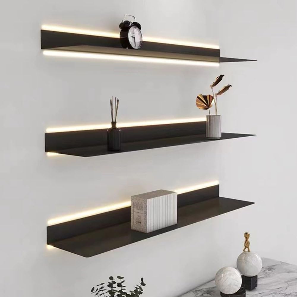 Podświetlane czarne pływające półki ścienne, wytrzymały metalowy regał ekspozycyjny, 61 cm, wisząca półka do dekoracji salonu, zestaw 1 stylowych rozwiązań do przechowywania książek