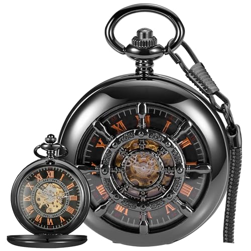 Image of Men's Mechanical Hollow Design Hand Wind Pocket Watch Roman Numerals Steampunk with Chain Box