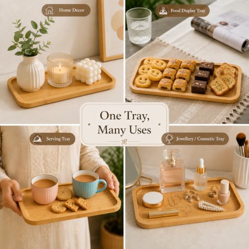 Image of Curated Cart Wooden Rectangular Serving Tray for Snacks and Meals, Small Platter for Serving Food Dessert Appetizer, Kitchen Tray, Home Decor Bathroom Tray, 28cm