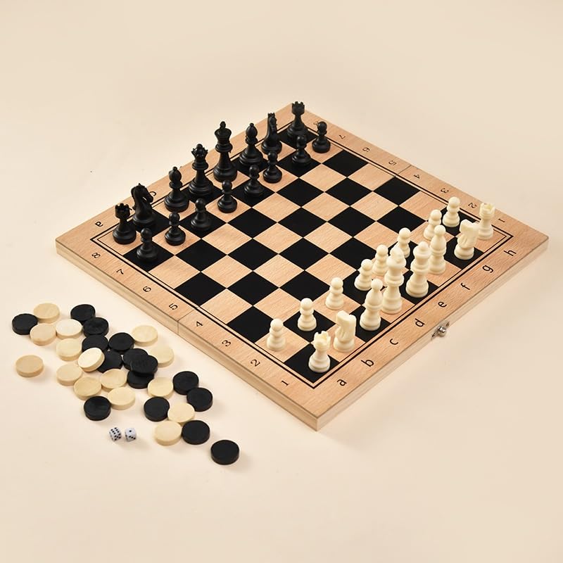 echiquier 3-in-1 Chess Checkers Draughts Backgammon Set Folding Wooden Chess Board Portable for Kids and Adults echecs Jeu(34 * 34cm)