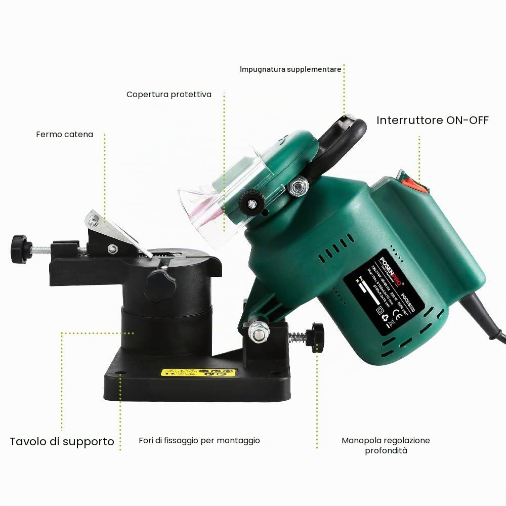 POSENPRO Affilacatena Elettrico per Motosega 220W, 8500 Giri/min, Regolazione dell'Angolo di Affilatura con Scala, Affilacatene Universale, Mola Inclusa: 100 x 10 x 3,2 mm