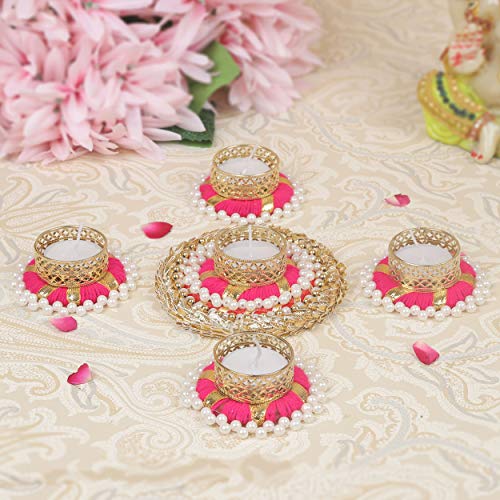 Tied Ribbons Decorative Floral Tealight Candle Holder Set For Home Decor(1 Big,4 Small) Votive Candle Holders Vintage Home Decor Centerpiece Tabletop Decorative Tea Light Candle Indian Handicrafts #TOP1