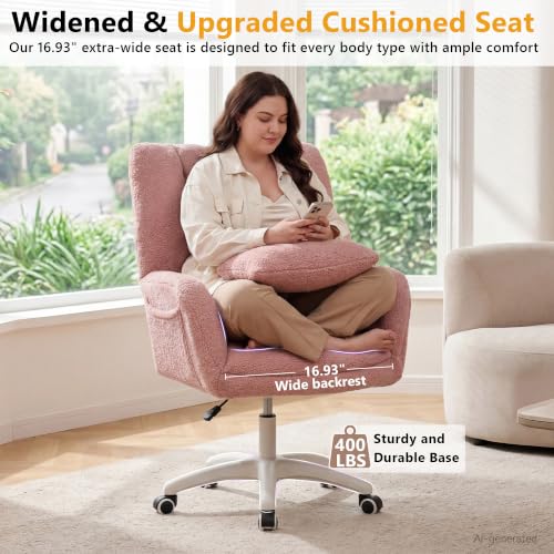 Image of FOXHUNTER Vanity Chair with Ergonomic Back & Wheels, 360 Swivel Accent Chair, Adjustable Height Home Office Chair for Living Room, Bedroom,Teddy White(Upgraded Oversized)