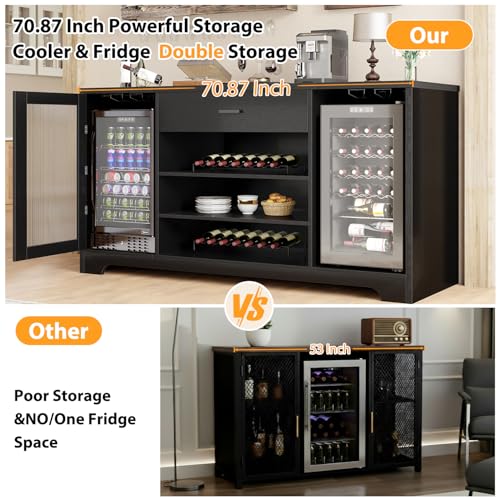 HSH Long Bar Cabinet with Fridge Space, Modern Wood Coffee Wine Liquor Cabinet with Refrigerator Space, Large Wide Sideboard Buffet Cabinet with Drawer Storage for Kitchen Dining Room, Black, 70 Inch