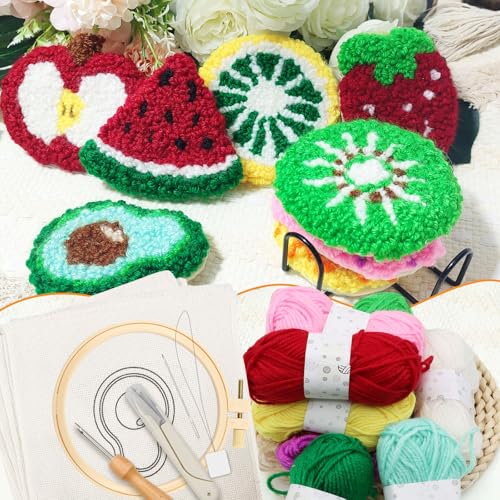 Image of Soleeya Punch Needle Kits Adults Beginner 8 Pcs Punch Needle Coaster Kit Fruit Patterns Stitching Punch Embroidery Including Yarn Hoop Needle and Video Tutorials, Rug Tufting Coaster DIY Craft Gifts