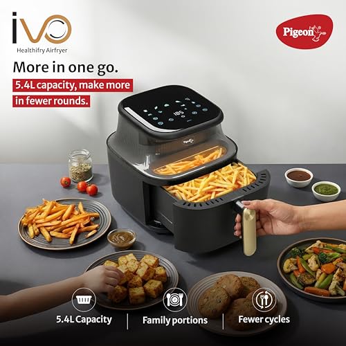 Image of Pigeon by Stovekraft Healthifry 5.4L Digital Air Fryer | 1500W |See Through Glass Window|360 Rapid Air Circulation |80% Less Oil |Non-Stick Basket |Touch Control |Auto Shut-Off |2 Yrs Warranty |Black