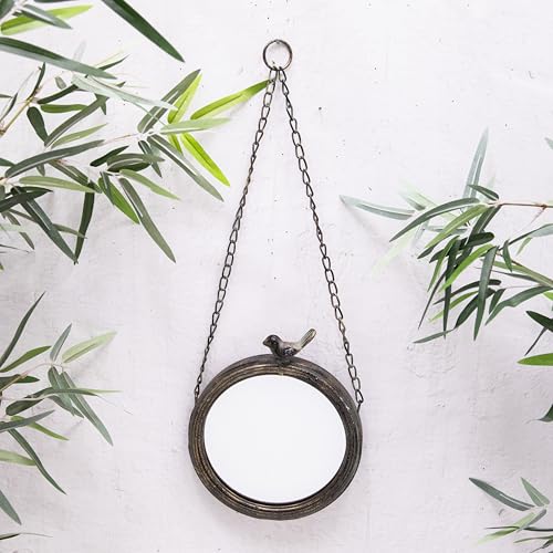 Annibells Metal Vintage Round Verdigris Garden Wall Mirror Hanging Linked Chain & Bird Decor