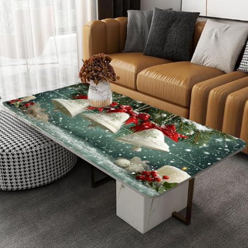Image of Christmas Bell Desktop Sticker 39.37x23.62In, Snowy Bell Red Ribbon Desk Decal, Easy Clean Table Surface Sticker, Classic Holiday Home Decor