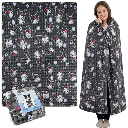 Get Trend Kuromi Sanrio Fleece Waffle Blanket 150x130cm Kawaii Soft Throw for Sofa & Bed Warm Cosy Blanket Bedroom Accessories Anime (Grey Kuromi)