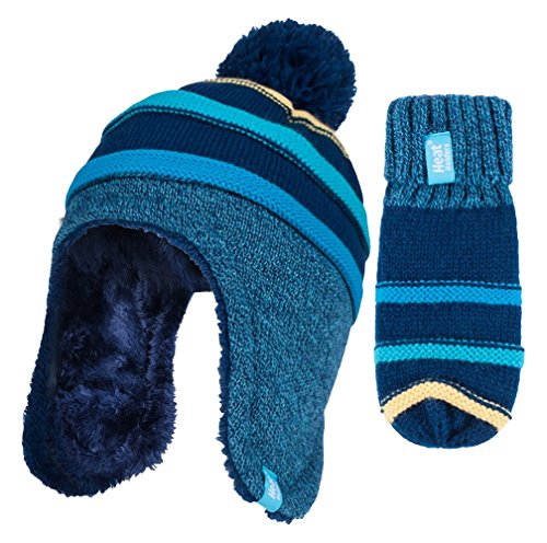 HEAT HOLDERS - Boys Thermal Lined Pom Pom Winter Hat and Mittens with Ear Flaps (3-6 Years, CCM2P4)