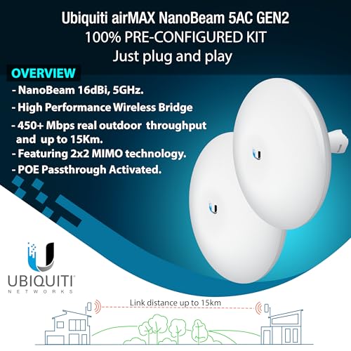 Image of Wireless Bridge NBE-5AC-GEN2 PRE-CONFIGURED Bundle of 2 Ubiquiti NanoBeam 5AC GEN2 with 4 CAT-8 Cable - Outdoor Point-to-Point Wi-Fi Bridge, Plug and Play, 450+ Mbps Speed, 15+ km Range