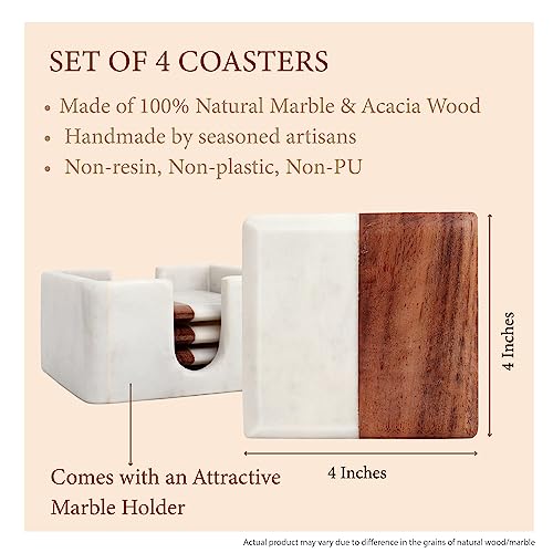 Image of DREAMY WALLS Marble Coasters Set of 4 with Holder, Acacia Wood Inlay, Dining Table Coasters for Hot Pots Tea & Coffee Mugs Table Coasters Decorative Items for Home Decor