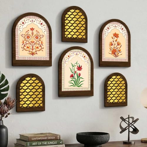 Image of MDF Jharokha Wall Mirror for Home Decor | Traditional Decorative Wall Hanging Jharokha Mirror | Premium Mirrors for Living Room Bedroom Set of 6 (9x12 inch & 7.5x9.5 inch)