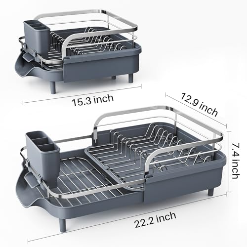 Image of SAYZH Dish Drying Rack - Expandable Dish Rack for Kitchen Counter, Rust-Resistant Dish Drainer with Utensil Holder and Raised Guardrail, Kitchen Organizer for Cup and Bottle (Grey)