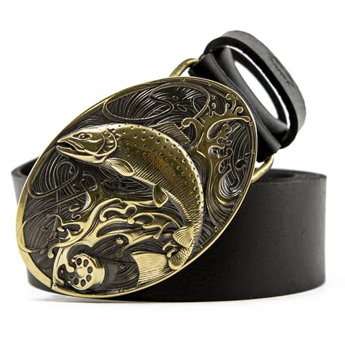 Leather Belt with brass buckle Trout, Handmade fisherman solid brass belt buckle Salmon
