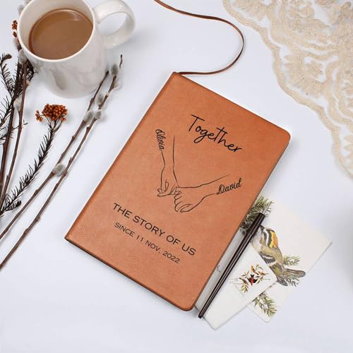 Personalized Anniversary Journal Gift for Him Her, Customize A5 Vegan Leather Notebook with Names, Custom Gift for Boyfriend Girlfriend, Valentines Day Romantic Gifts for Couples