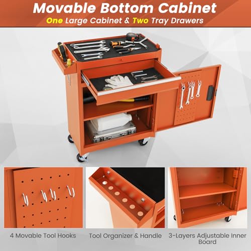 Image of Goplus Rolling Tool Chest, 5-Drawer Tool Box Organizer w /Lockable Wheels & Sliding Drawers & Detachable Top & Adjustable Shelf, Tool Storage Cabinet for Garage Workshop (Orange)