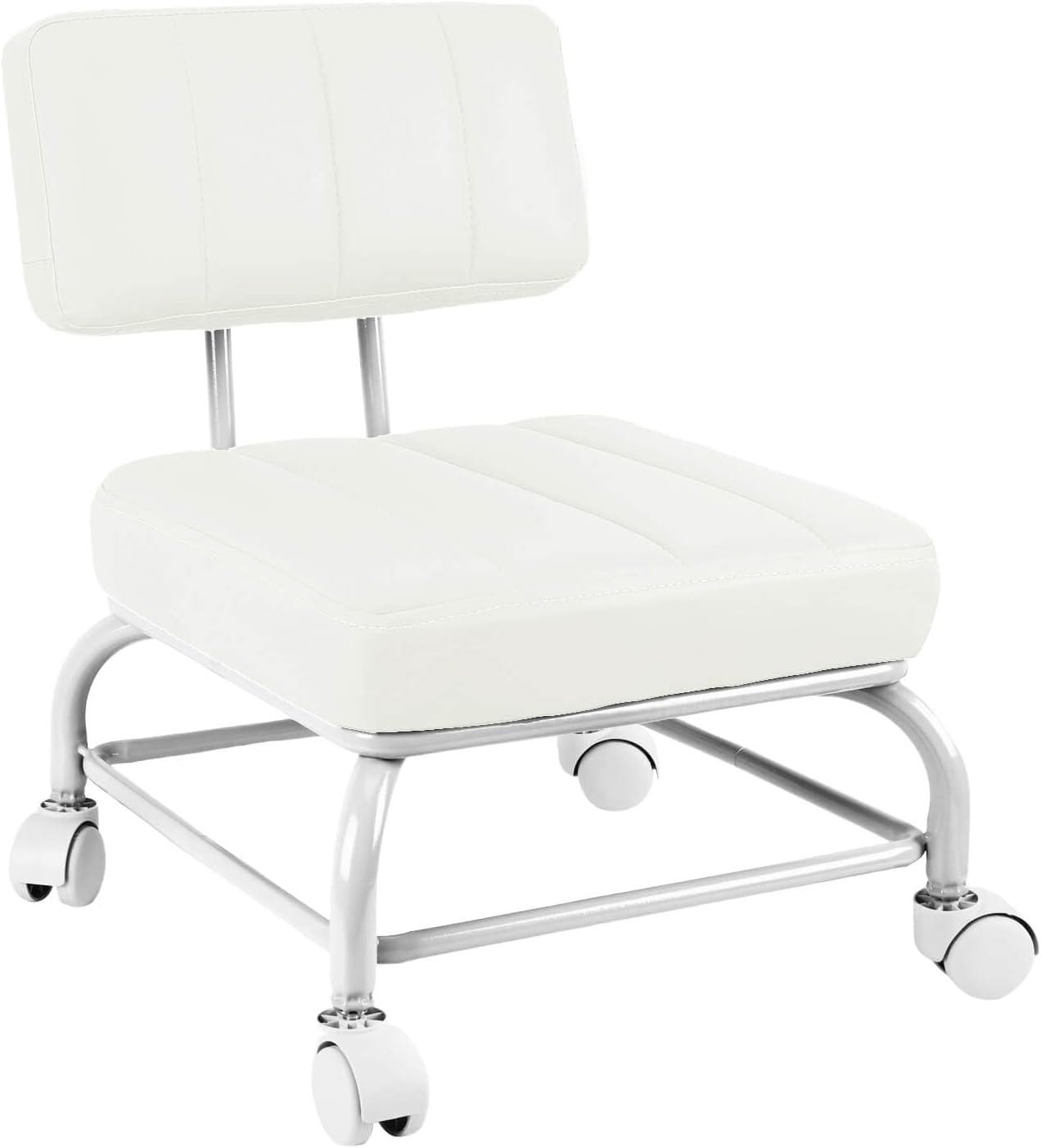Low Rolling Stool Roller Seat with Universal Swivel Caster Wheels for Home Office Stool Garage Shop Stools PU Leather High Density Cushion and Steel White White Middle