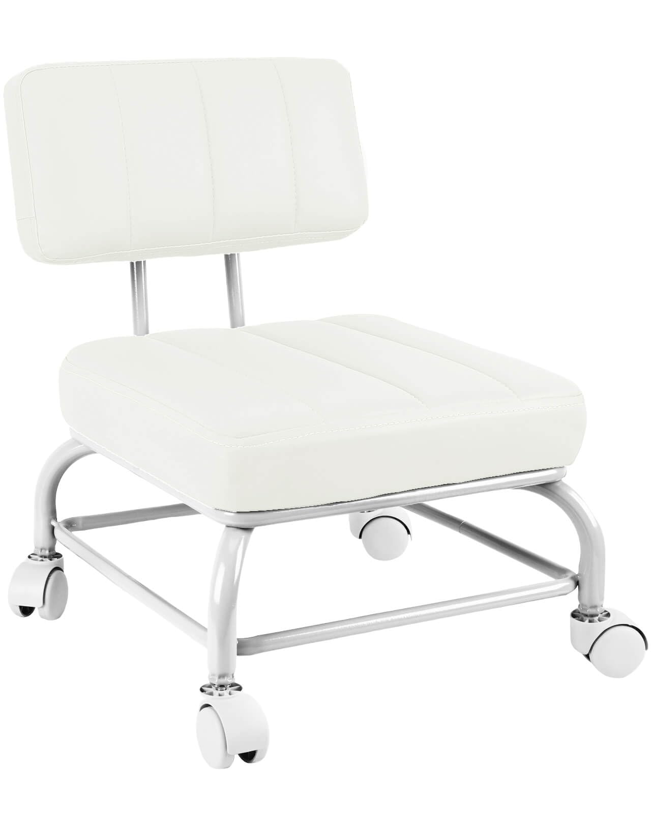 Low Rolling Stool Roller Seat with Universal Swivel Caster Wheels for Home Office Stool Garage Shop Stools PU Leather High Density Cushion and Steel White