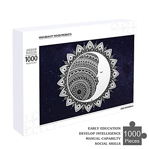 Houten puzzel 1000 PCS voor volwassenen en kinderen, maan mandala zwart wit mystic trippy blauwe sterrennacht moeilijke… - Image 5
