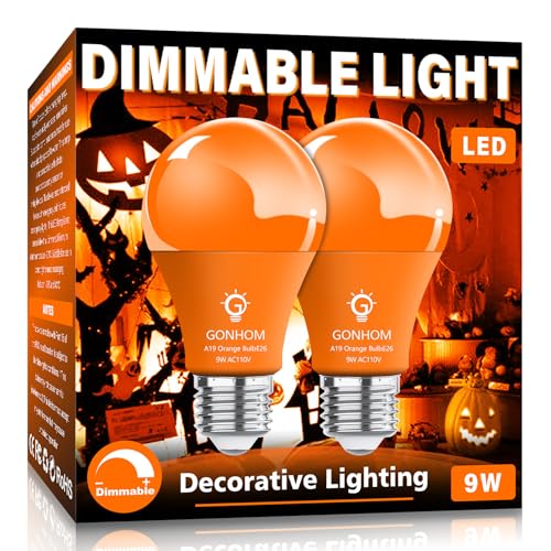 2 Pack A19 LED Orange Light Bulb,9 Watt Orange Lights Equivalent 100 Watt Colored Light Bulbs,E26 Base Orange LED Lights for Party Decoration, Holiday Lighting,Halloween Light Bulbs…