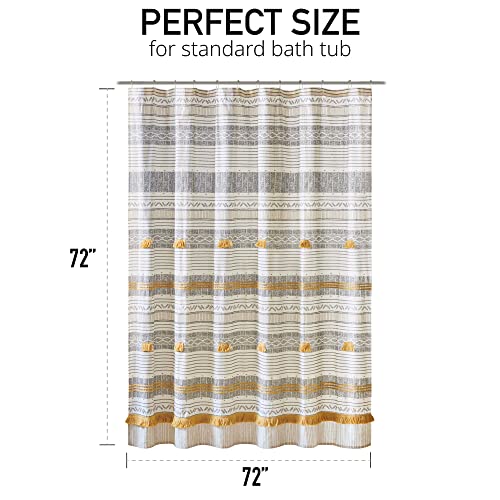Image of Ink+Ivy Cody 100% Cotton Shower Curtain, Boho Chic Printed Striped with Tassel Pompom, Fringes Trim, Modern Bathroom Decor, Machine Washable 72 inch x 72 inch Grey /Yellow