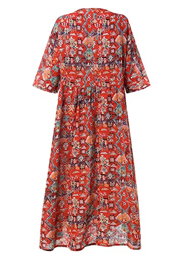 Women's Vintage Ethnic Print Linen Maxi Dress Summer Casual Loose Floral Boho Swing House Dresses Plus Size Red #TOP3