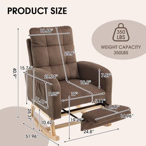 Image of NIOIIKIT Nursery Rocking Chair, Corduroy Upholstered Rocking Chair with Adjustable Footrest, Tufted Rocker Chair with Side Pocket, Glider Rocker for Living Room, Bedroom (Brown Retro)