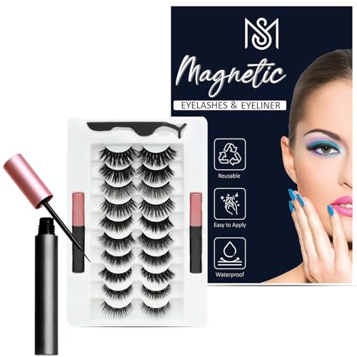 10 Reusable Magnetic Eyelashes with Applicator & 2 Magnetic Eyeliners | No Glue Needed | Lightweight, Waterproof & Easy to Apply for All Eye Shapes