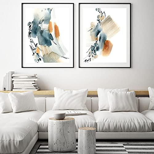 Cuadros abstractos azules para salón moderno con texturas de acuarela y óxido