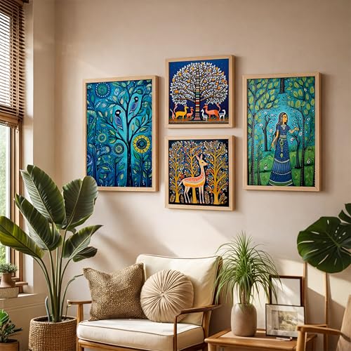 Image of NoWorries Traditional Folk Art Wall Frame Set of 4 | Ethnic Indian Painting Wall Decor | Wooden Framed Wall Painting for Living Room, Bedroom, Hall and Office | Decorative Home Interior Wall Frames.
