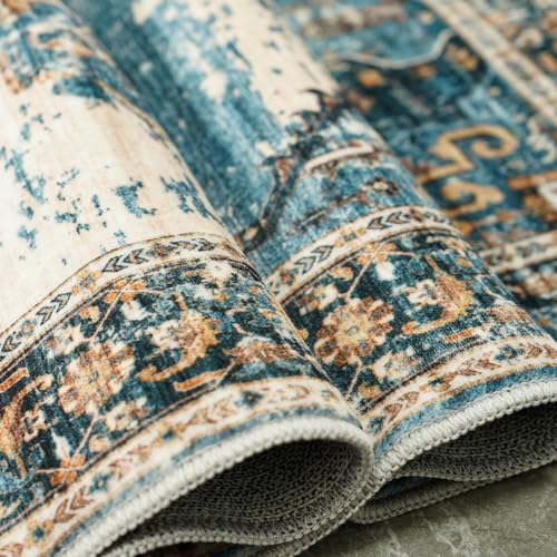 Washable 10x14 Area Rugs - Large Rugs for Living Room Stain Resistant Carpet Vintage Rugs for Bedroom with Non Slip Backing Home Decor Floor Decoration Mat 10x14 Blue