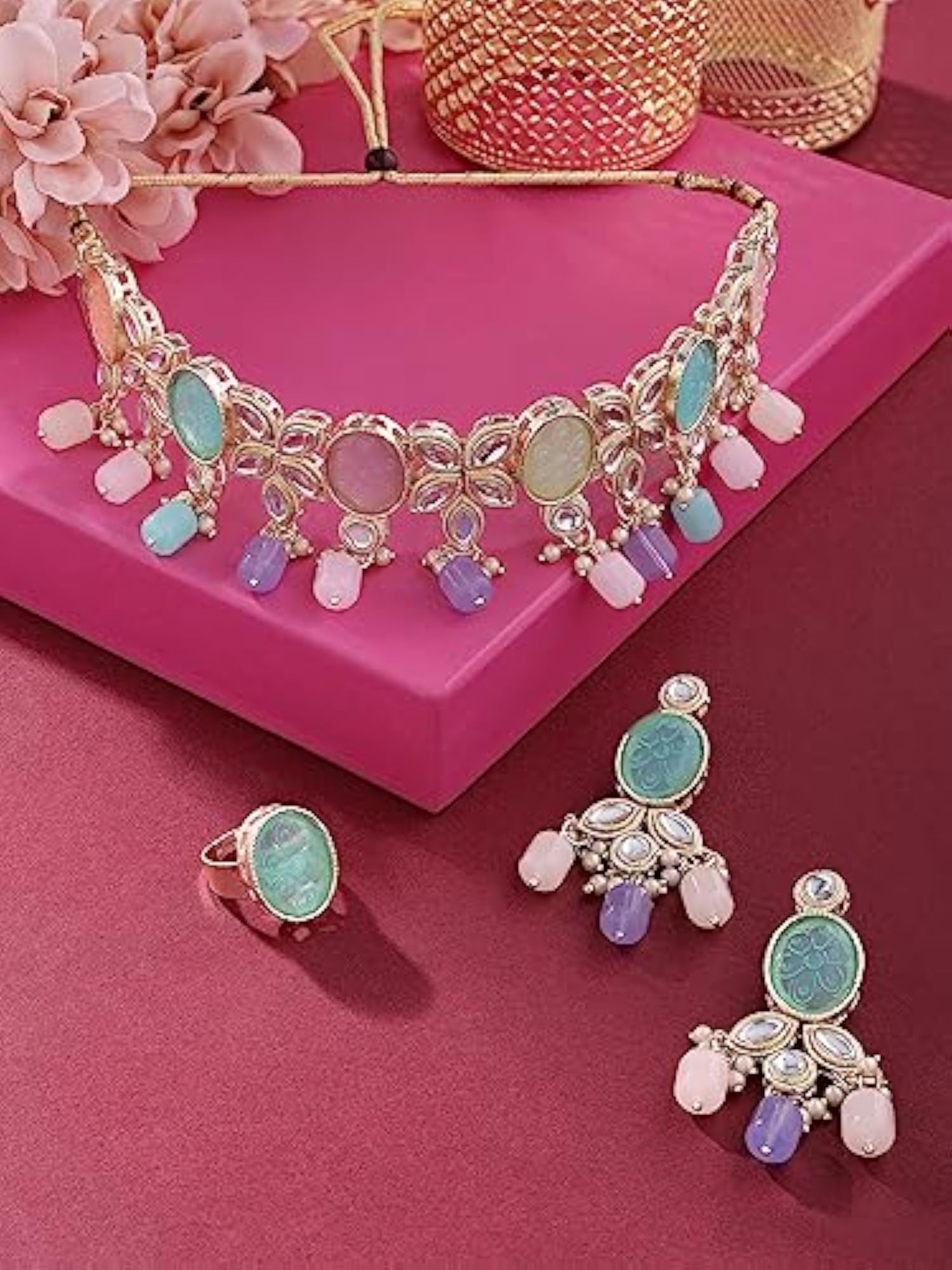 Kundan Choker Necklace Earring Set with Stones Beads