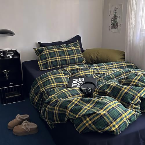 Image of MKXI Twin Size Forest Green & Mustard Yellow Plaid Duvet Cover Set, 3 Piece All Season Washed Cotton Bedding, Vintage Preppy Style Rustic Outdoor Bed Set with Zipper Closure & Corner Ties