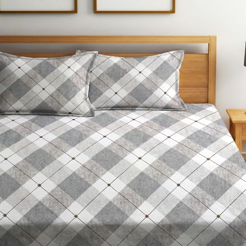 Image of Home Sizzler 210 TC Microfibre Grey Tartan Double Fitted Bedsheet (72X78 inch) with 2 King Size Pillow Covers