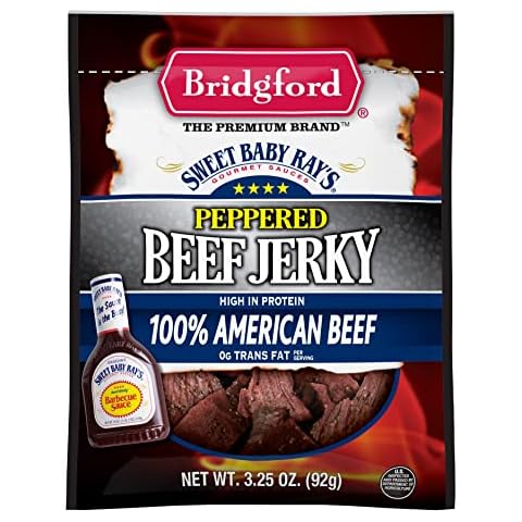 Bridgford Sweet Baby Ray's High Protein Beef Jerky, Low Carb Snack, Low Calorie, Keto Friendly, Peppered Flavor, 3.25 Oz, (Pack of 1) Cover