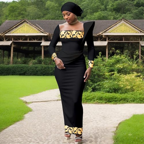 Image of African Dresses for Women High Waist Embroidery Elegant Traditional Midi Dress with Headscarf