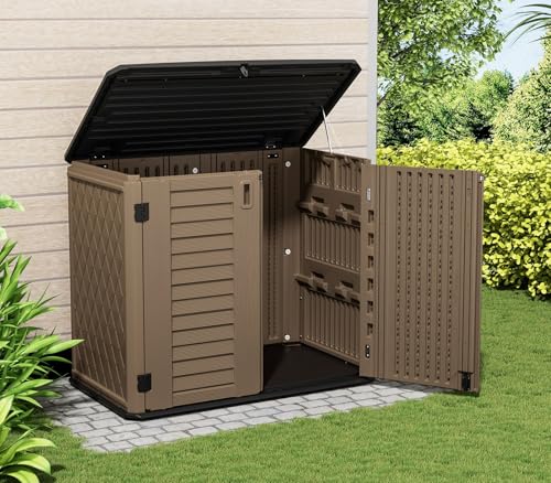 Image of ZZM 4x2.5 FT Outdoor Storage Shed, Resin Waterproof Storage Cabinet for Garden Tools with Lockable Lid,Latch (Coffee)
