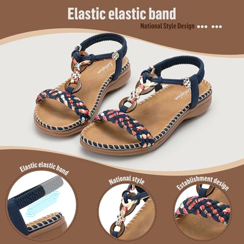 Image of Littleplum Women Sandals Arch Support Handmade Bohemian Braided Flat Sandals Comfort Walking Beach Ankle Elastic Summer Shoes