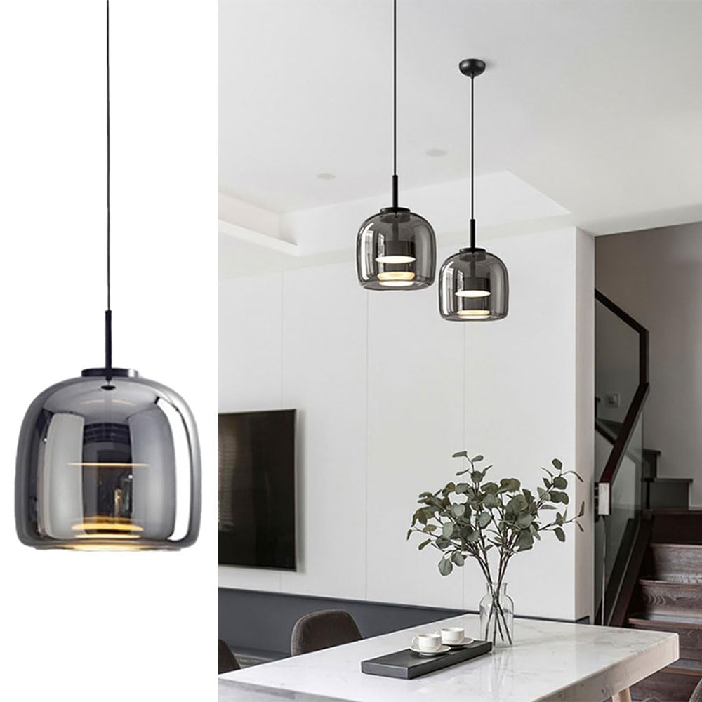 LC LIGHTCREW 9.05'' Smoky Grey Pendant Lights Clear Large Glass Globe Bell Shaped Modern Pendant Lighting Fixtures Farmhouse Hanging Light for Kitchen, Island, Dining Room, Hallway, Over Sink(1 PCS)
