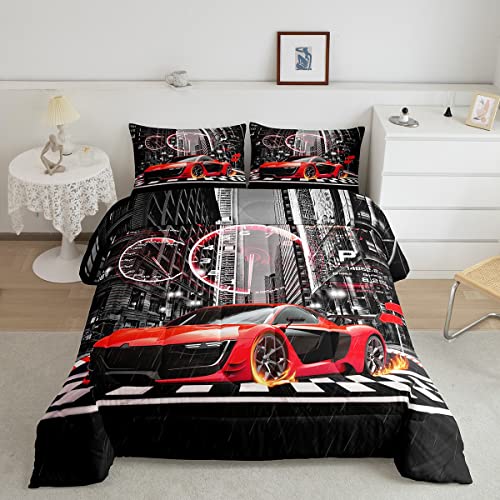 Image of Feelyou Red Race car Comforter Set Toddler Size for Girls Boys Children Racing Car Comforter Speed Sports Car Bedding Set Room Decor Extreme Sports Duvet Set Automobile Quilt Set 2Pcs