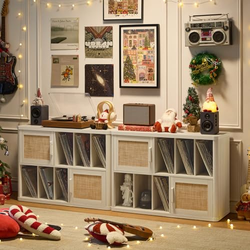 Image of LEYAOYAO Large Record Player Stand with Vinyl Storage Up to 450 Albums, Wood Rattan Boho Record Storage Accent Cabinet, Modern Stereo Media Cabinets, Turntable Stand for Living Room, White Cream Oak