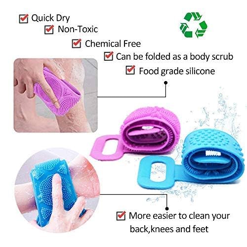 JEEJEX Silicone Body Back Scrubber Double Side Bathing Brush for Skin Deep Cleaning Massage, Dead Skin Removal Exfoliating Belt for Shower, Easy to Clean, Lathers Well for Men & Women, (Mix Color) 1