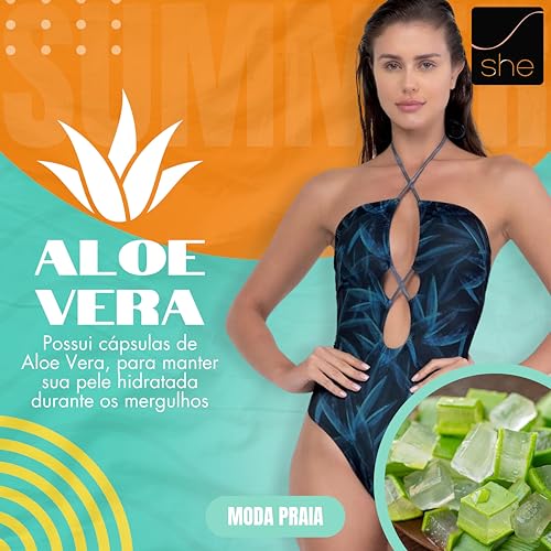 She By Mash Maiô Body Feminino Estampa Exclusiva Folhagem Ráfia Moda Praia 2024, Preto, M
