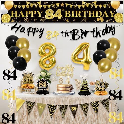 Image of 84th Birthday Decorations for Men, Black Gold 84th Party Decorations | 27pcs Happy 84th Birthdays Set: Banner, Honeycomb, Balloons, Gold Number, Candle, Hanging Swirls, Cake Topper, Party Supplies