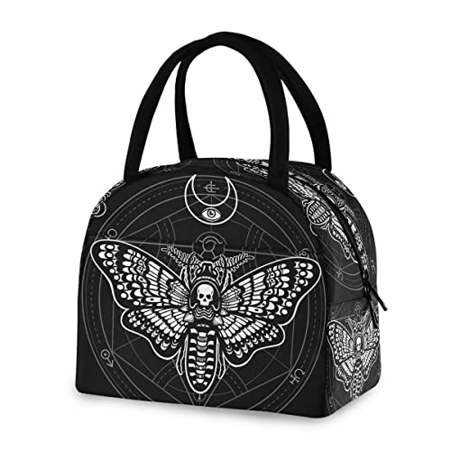 MNSRUU Lunch Bag Women Men, Black Skull Moth Portable Insulated Lunch Bag Reusable Thermal Meal Tote Cooler Bag Organizer for Adult Work with Handle